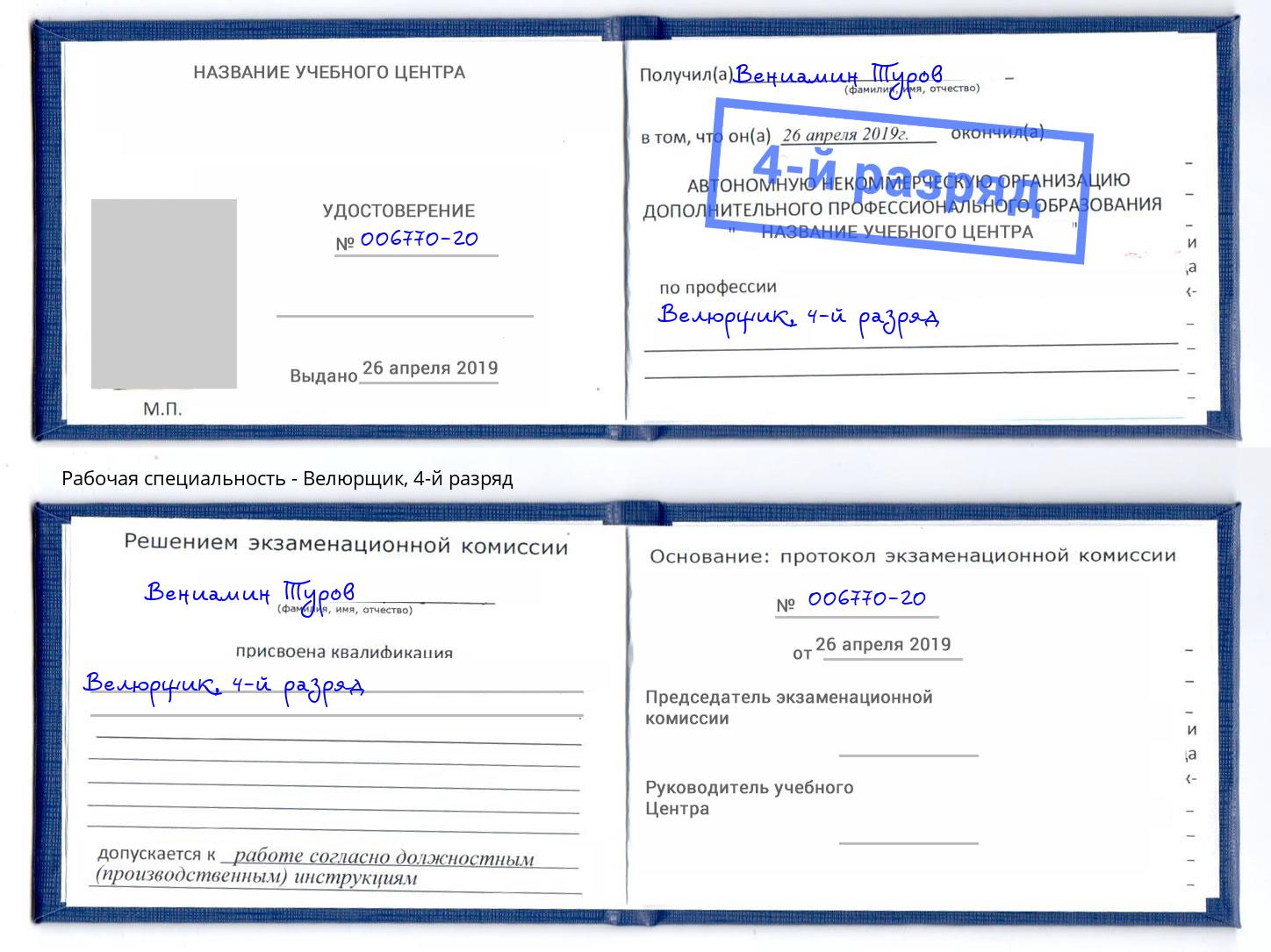 корочка 4-й разряд Велюрщик Сланцы