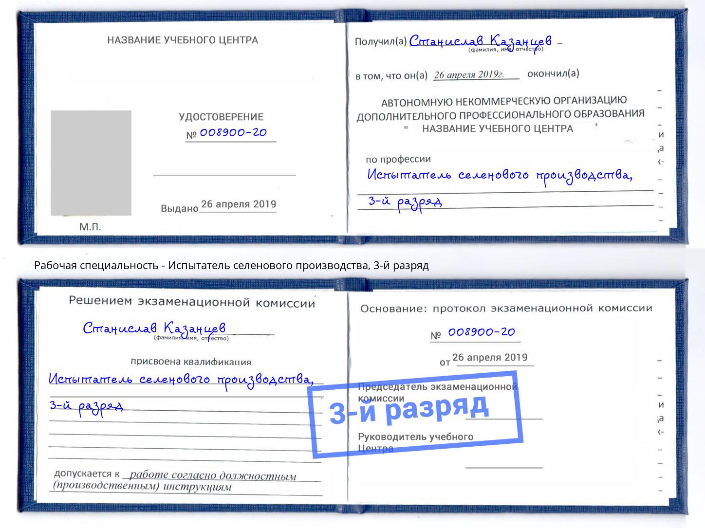 корочка 3-й разряд Испытатель селенового производства Сланцы