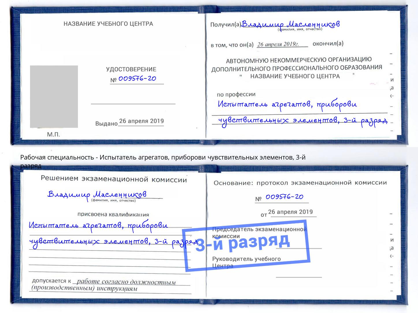 корочка 3-й разряд Испытатель агрегатов, приборови чувствительных элементов Сланцы