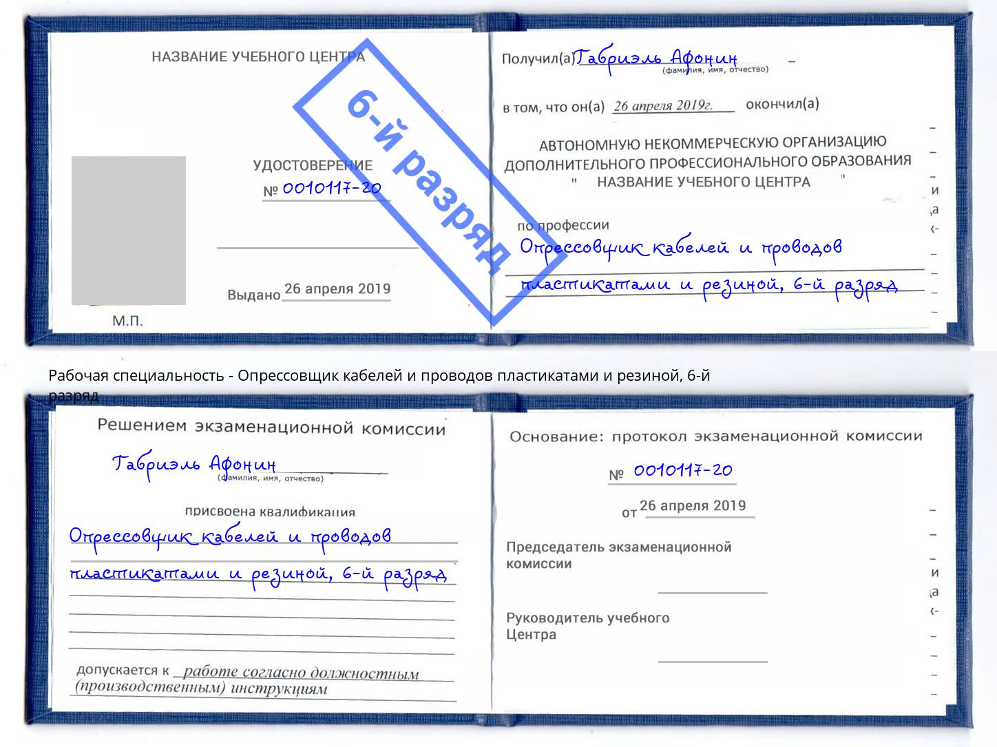 корочка 6-й разряд Опрессовщик кабелей и проводов пластикатами и резиной Сланцы