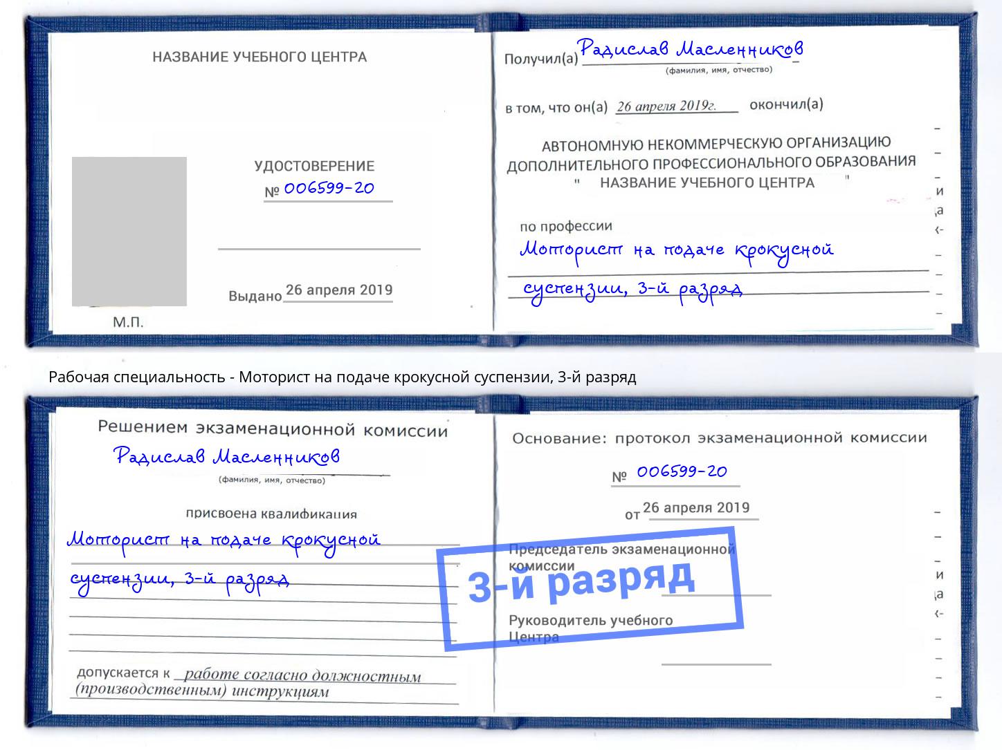 корочка 3-й разряд Моторист на подаче крокусной суспензии Сланцы