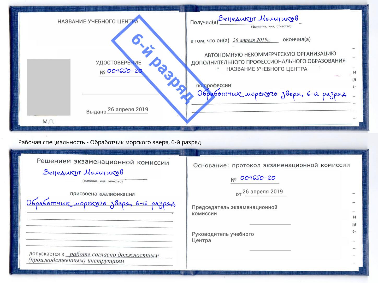 корочка 6-й разряд Обработчик морского зверя Сланцы