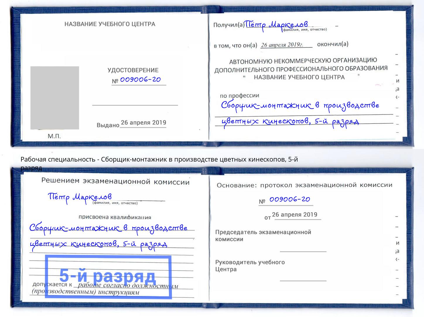 корочка 5-й разряд Сборщик-монтажник в производстве цветных кинескопов Сланцы
