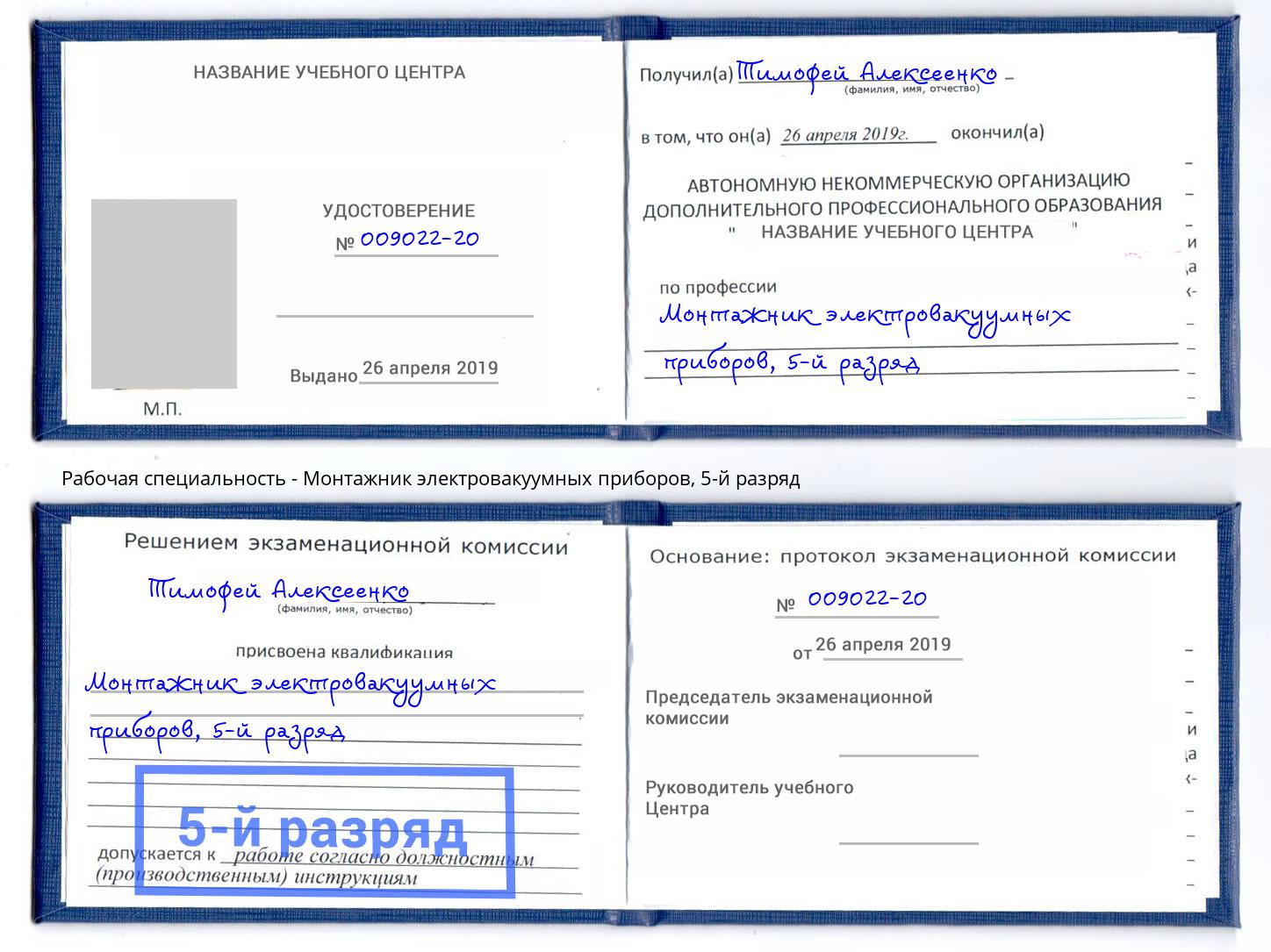 корочка 5-й разряд Монтажник электровакуумных приборов Сланцы