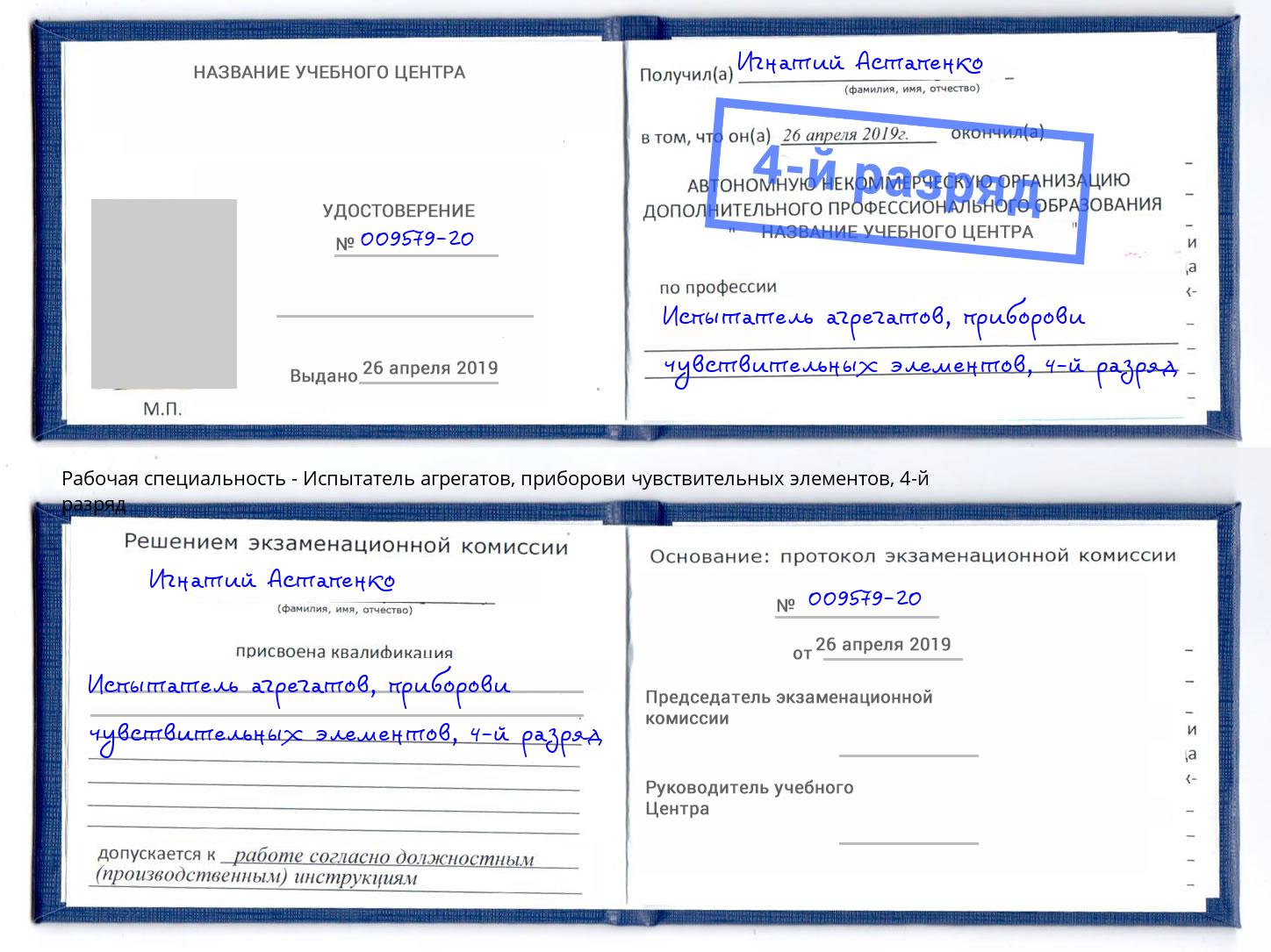 корочка 4-й разряд Испытатель агрегатов, приборови чувствительных элементов Сланцы