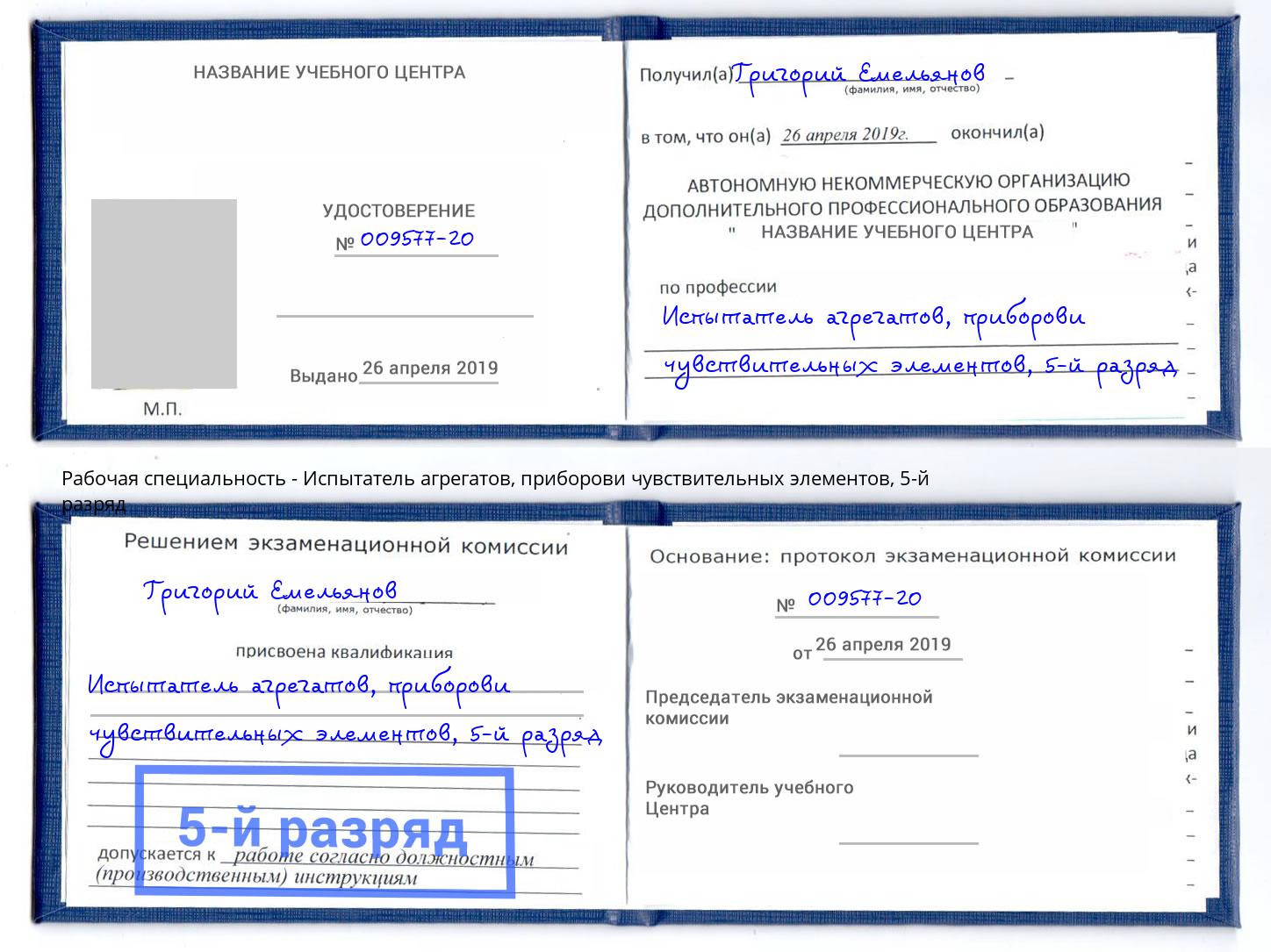 корочка 5-й разряд Испытатель агрегатов, приборови чувствительных элементов Сланцы