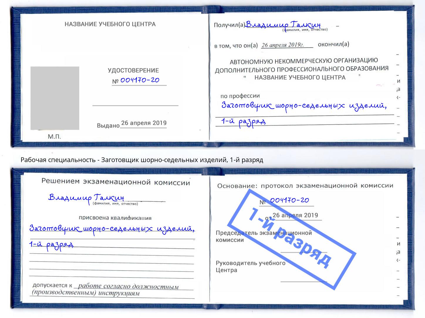 корочка 1-й разряд Заготовщик шорно-седельных изделий Сланцы