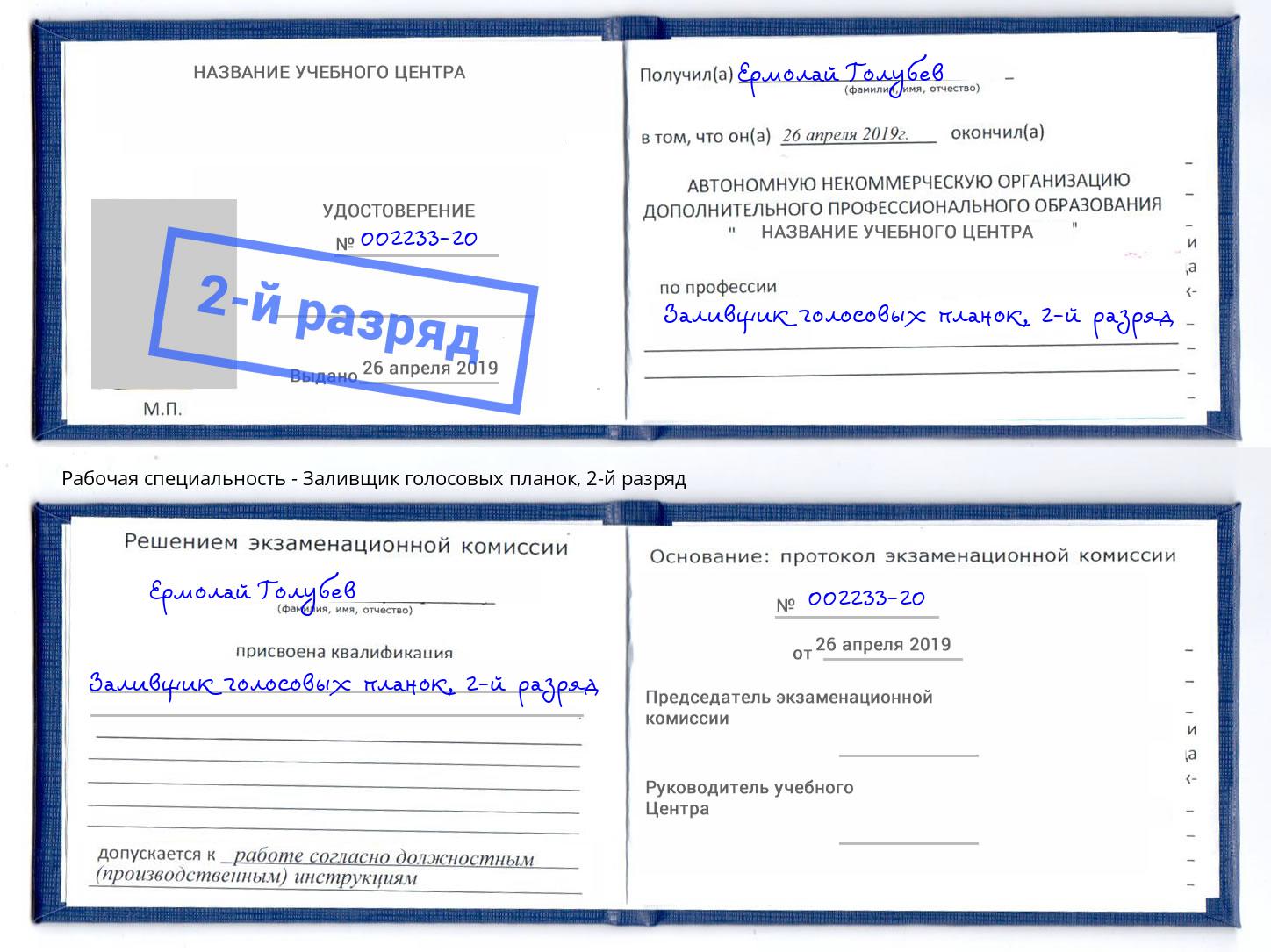 корочка 2-й разряд Заливщик голосовых планок Сланцы
