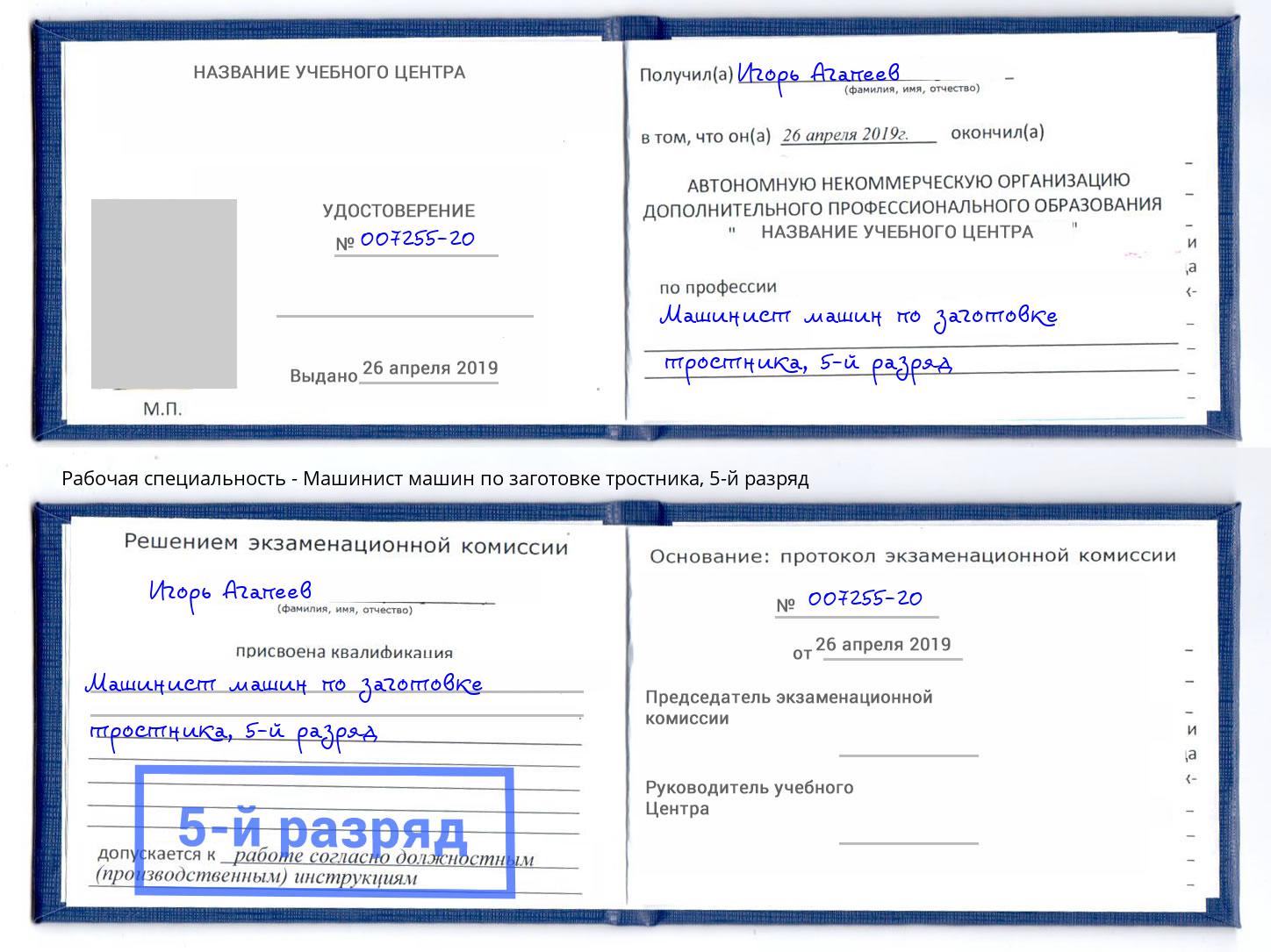 корочка 5-й разряд Машинист машин по заготовке тростника Сланцы
