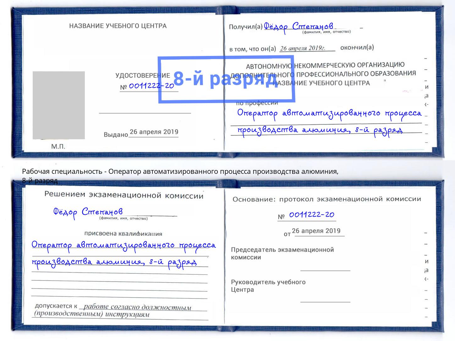 корочка 8-й разряд Оператор автоматизированного процесса производства алюминия Сланцы