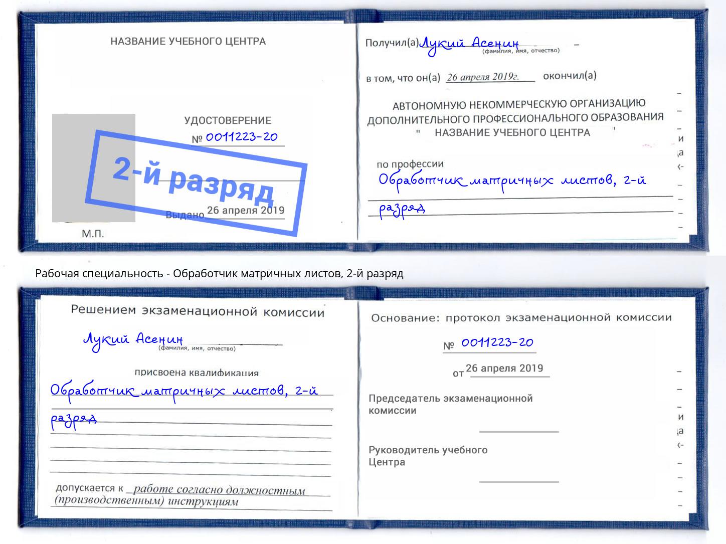 корочка 2-й разряд Обработчик матричных листов Сланцы