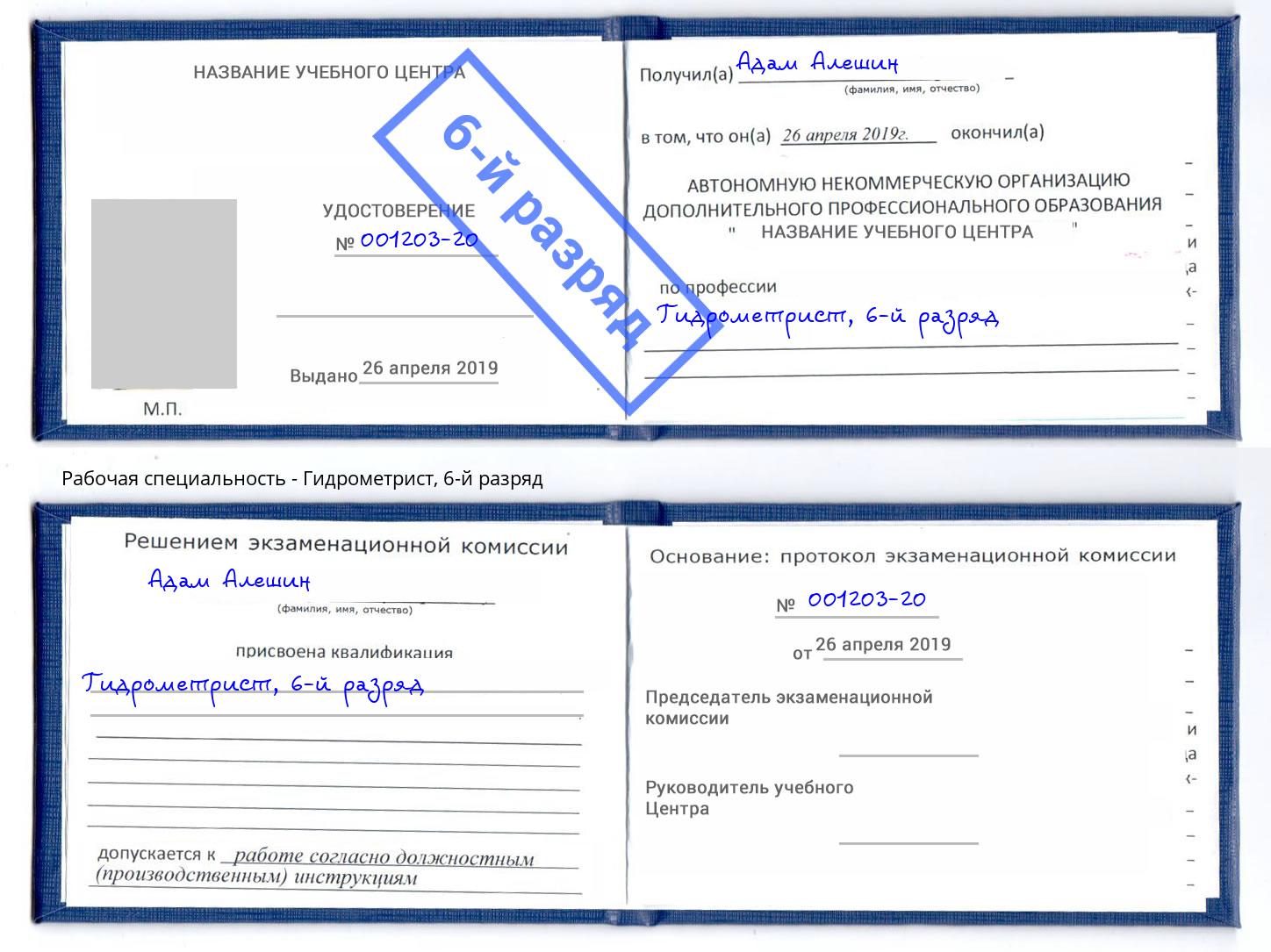 корочка 6-й разряд Гидрометрист Сланцы