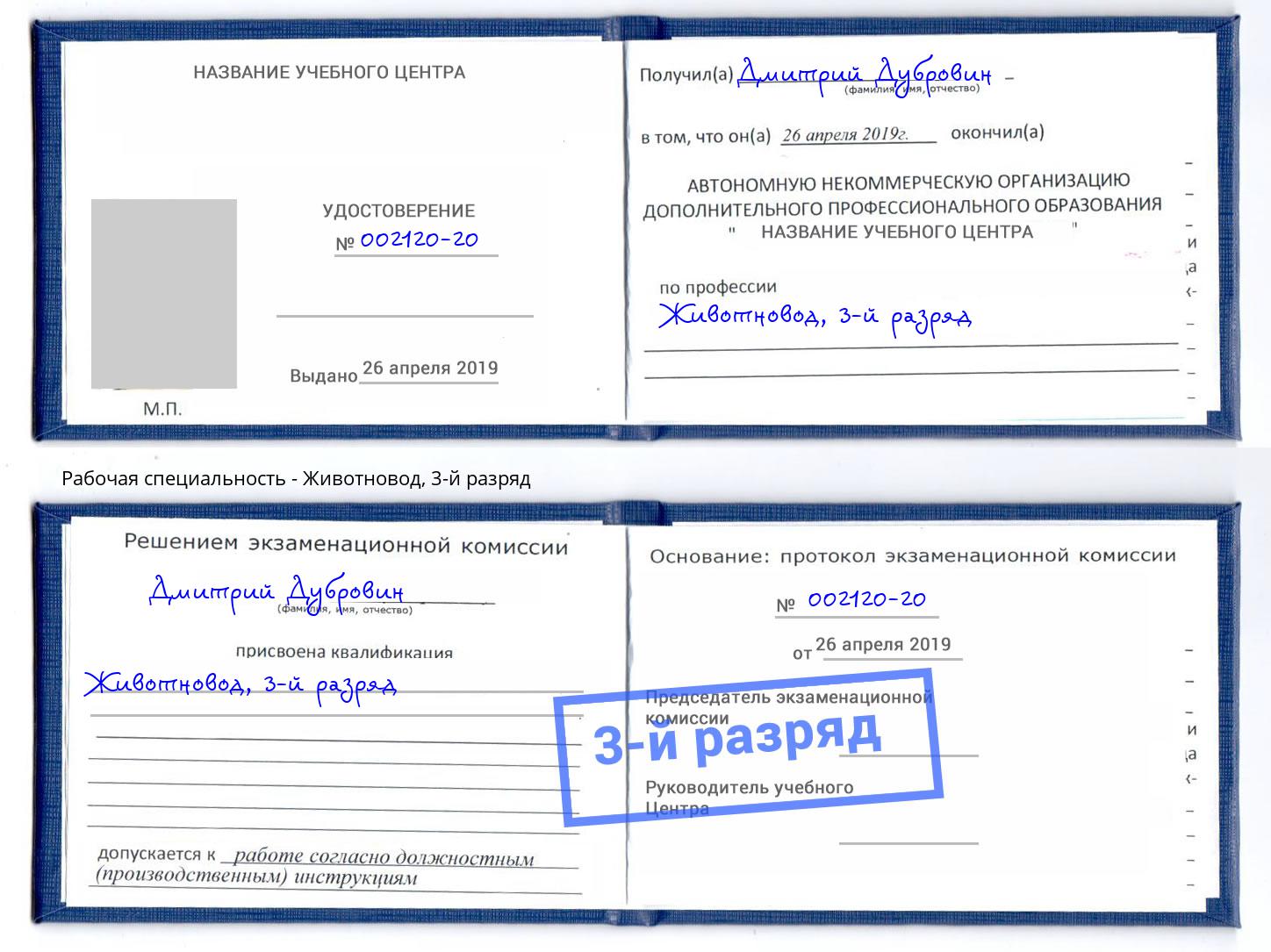 корочка 3-й разряд Животновод Сланцы